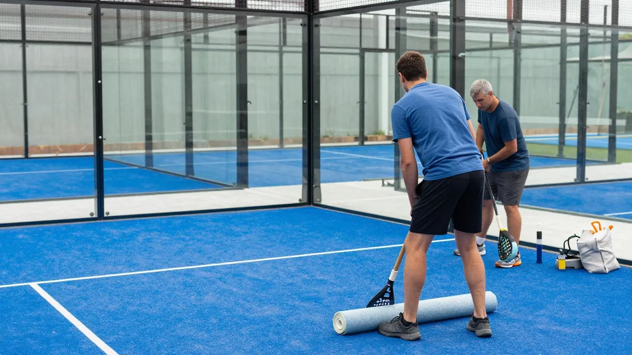Constructeurs déroulant le gazon synthétique d’un terrain de padel en chantier